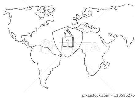 Single continuous line drawing the shield and padlock with world map background. The world is connected through the internet. Protect the privacy. Data Privacy Day. One line design vector illustration Single continuous line drawing the shield and padlock with world map background. The world is connected through the internet. Protect the privacy. Data Privacy Day. One line design vector illustration 120596270