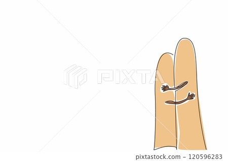 Single one line drawing two fingers touching like two people hugging. Unique character who always talks about love. Good gesture. Loving. National Hug Day. Continuous line design graphic illustration 120596283