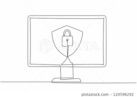 Single one line drawing shield and padlock in the middle of the computer monitor. Computer use two security systems. Protecting. Secure. Data Privacy Day. Continuous line design graphic illustration 120596292