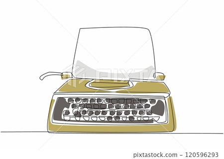 Continuous one line drawing typewriter with paper inside. Vintage equipment. Technology with a distinctive sound on the buttons. National Screenwriters Day. Single line draw design vector illustration 120596293