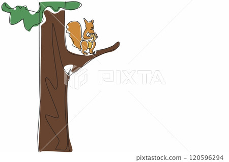 Continuous one line drawing squirrel holding walnut on a felled tree trunk. Finding something to eat. Eating at height. National Squirrel Appreciation Day. Single line draw design vector illustration 120596294