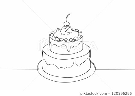 Continuous one line drawing two tier chocolate cake with cherry topping. Celebration cake. So delicious in every bite. Delight. National Chocolate Cake Day. Single line draw design vector illustration Continuous one line drawing two tier chocolate cake with cherry topping. Celebration cake. So delicious in every bite. Delight. National Chocolate Cake Day. Single line draw design vector illustration 120596296