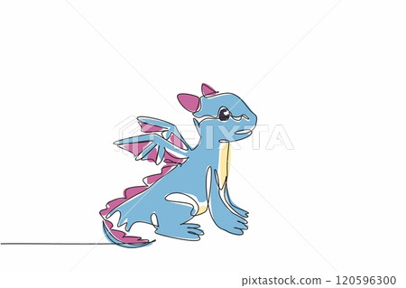 Continuous single line drawing of cute baby dragon standing on the ground. Adorable fairytale cartoon character. Illustration for kids story book. Appreciate a Dragon Day. Vector art graphic design 120596300