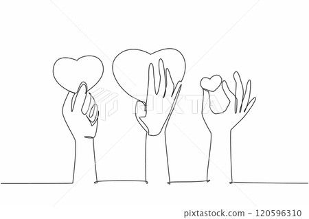 Continuous one line drawing some hands holding heart symbol. Get some compliments. Socialize well. Symbol of interest. Praise. National Screenwriters Day. Single line draw design vector illustration 120596310