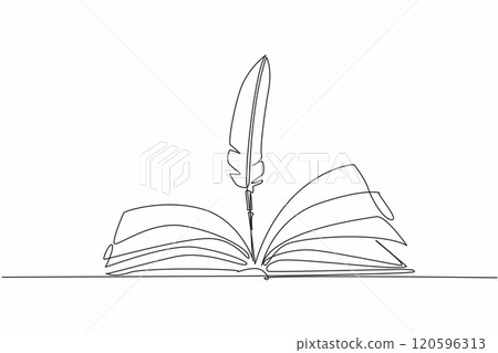 Single one line drawing quill in the middle of open book. Classical era writing instruments. Recording knowledge. Vintage. International Day of Education. Continuous line design graphic illustration Single one line drawing quill in the middle of open book. Classical era writing instruments. Recording knowledge. Vintage. International Day of Education. Continuous line design graphic illustration 120596313