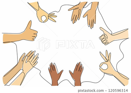 Single one line drawing several hands with several kinds of gestures. Get recognition and praise. Surrounded by positive aura. National Screenwriters Day. Continuous line design graphic illustration 120596314