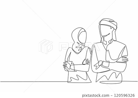 Continuous one line drawing young Arabian man and woman couple looking at each other. Blush. Smile then get nervous. Sweetheart. National Spouses Day. Single line draw design vector illustration Continuous one line drawing young Arabian man and woman couple looking at each other. Blush. Smile then get nervous. Sweetheart. National Spouses Day. Single line draw design vector illustration 120596326