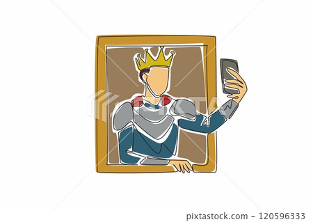 One continuous line drawing of young handsome medieval man inside a antique painting frame puts out his hand and takes a selfie. Prince wearing the gold crown of kingdom symbol. Museum Selfie Day 120596333