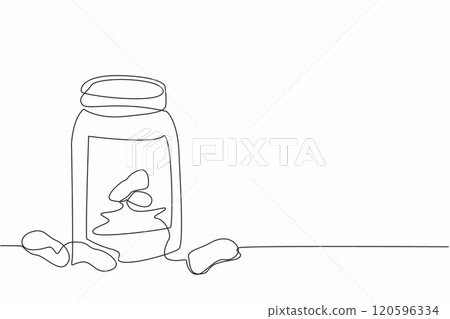 Single one line drawing peanuts scattered near a jar of peanut butter. Advertising. It's pleasing to the eye. Creates appetite. National Peanut Butter Day. Continuous line design graphic illustration 120596334