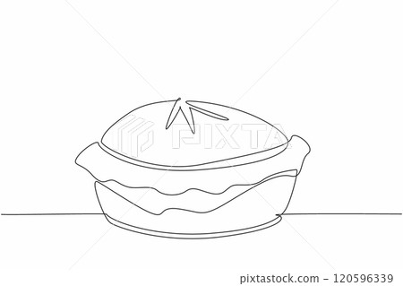 Continuous one line drawing pie seen from the side. Fresh from the oven. Enjoy immediately while it's warm. Delicious. Tasty. Savory. National Pie Day. Single line draw design vector illustration 120596339
