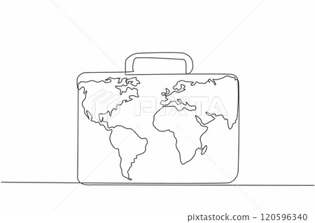 Single continuous line drawing the briefcase with world map in the middle. Customs officers' business travel bag. Registered. Compliant. International Customs Day. One line design vector illustration Single continuous line drawing the briefcase with world map in the middle. Customs officers' business travel bag. Registered. Compliant. International Customs Day. One line design vector illustration 120596340