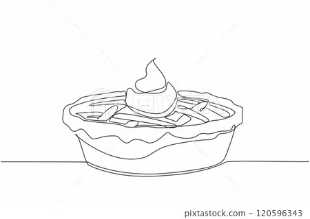 Single continuous line drawing pie with cream on top. Sweet and savory from whipped cream. Adds deliciousness when chewed in the mouth. Tasty. National Pie Day. One line design vector illustration 120596343