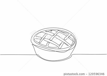 Single one line drawing pie with woven lines. Filled with fruit for freshness in the mouth. Traditional snacks with classic shape. Tasty. National Pie Day. Continuous line design graphic illustration 120596346