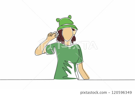 Continuous single line drawing of young beauty and energetic woman wearing funny cute frog animal character hat. Vector graphic illustration. National Hat Day 120596349