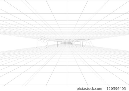 White background with gray perspective grid lines creating a square pattern. Template platform for technology, user interface, industry, science, blueprint, or infographic concept. White background with gray perspective grid lines creating a square pattern. Template platform for technology, user interface, industry, science, blueprint, or infographic concept. 120596403