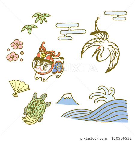 Cute illustrations of lucky charms such as cranes, turtles, and dog dolls Cute illustrations of lucky charms such as cranes, turtles, and dog dolls 120596532