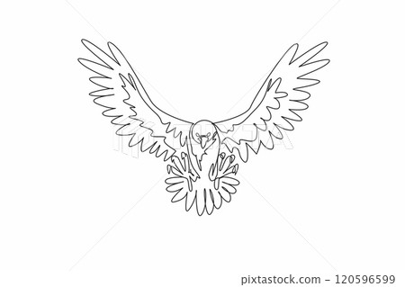 National Bird Day. One continuous line drawing of strong bald eagle posing ready to fly attack its prey. Wide open its feather wings. Template for poster, banner, flyer, background. Vector graphic 120596599