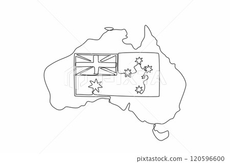 Single continuous line drawing Australian flag in the middle of the map of Australian continent. Annual celebration. Festive festival. The splendor. Australia Day. One line design vector illustration Single continuous line drawing Australian flag in the middle of the map of Australian continent. Annual celebration. Festive festival. The splendor. Australia Day. One line design vector illustration 120596600