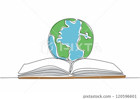 Single one line drawing globe in the middle of open book. Symbol. Metaphor. Reading books opens up literacy about the world. International Day of Education. Continuous line design graphic illustration 120596601