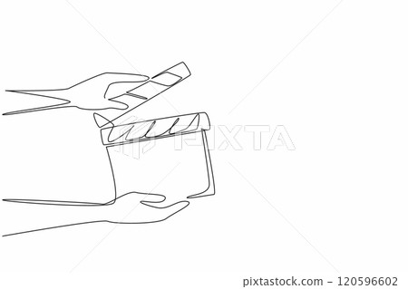 Single one line drawing the hand is holding an open clapper. Filmmaking process. Useful tool for film editors. Synchronization. National Screenwriters Day. Continuous line design graphic illustration 120596602