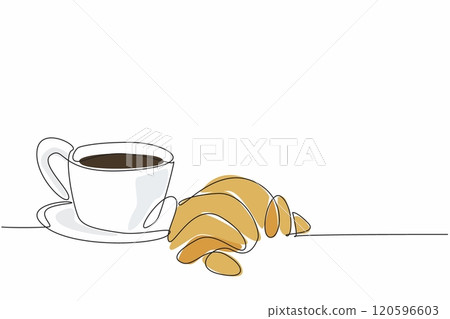 Continuous one line drawing croissant with coffee cup. Drowsiness reliever. Get ready to face heavy overtime. Encourager. Full. National Croissant Day. Single line draw design vector illustration 120596603