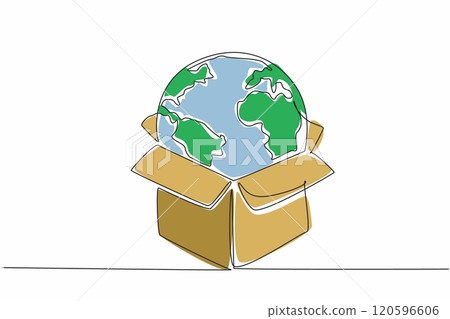 Single one line drawing globe put in box. Metaphor. Shopping online from abroad. Subject to import duties. Shipping. Delivery. International Customs Day. Continuous line design graphic illustration Single one line drawing globe put in box. Metaphor. Shopping online from abroad. Subject to import duties. Shipping. Delivery. International Customs Day. Continuous line design graphic illustration 120596606