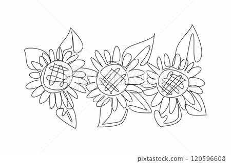 Single continuous line drawing some sunflowers with their leaves. Growing in bloom. Summer with beautiful plants to behold. Good source of antioxidants. Kansas Day. One line design vector illustration 120596608