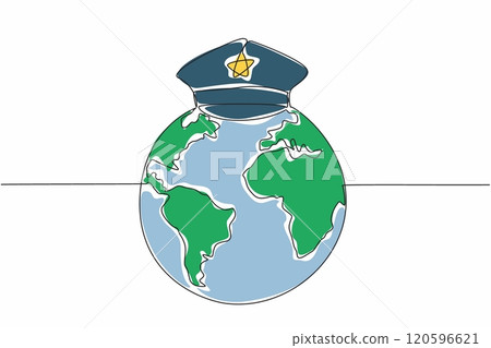 Continuous one line drawing police hat on globe. Guarding border. Monitoring taxable goods coming in and out. Income for country. International Customs Day. Single line draw design vector illustration 120596621