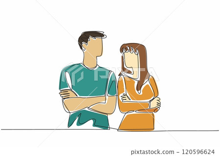 Single one line drawing man and woman in casual clothes look at each other. Love language from eye contact. Understanding each other. National Spouses Day. Continuous line design graphic illustration Single one line drawing man and woman in casual clothes look at each other. Love language from eye contact. Understanding each other. National Spouses Day. Continuous line design graphic illustration 120596624