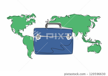 Single continuous line drawing briefcase with world map background. Business trip abroad. Conducting comparative study assignments. International Customs Day. One line design vector illustration Single continuous line drawing briefcase with world map background. Business trip abroad. Conducting comparative study assignments. International Customs Day. One line design vector illustration 120596630