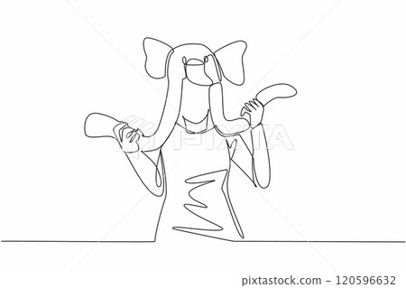 Happy National Hat Day. Single continuous line drawing of young adorable beauty girl wearing funny cute hat with elephant animal character. One line draw vector graphic design illustration Happy National Hat Day. Single continuous line drawing of young adorable beauty girl wearing funny cute hat with elephant animal character. One line draw vector graphic design illustration 120596632