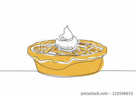 Single continuous line drawing pie with cream on top. Sweet and savory from whipped cream. Adds deliciousness when chewed in the mouth. Tasty. National Pie Day. One line design vector illustration Single continuous line drawing pie with cream on top. Sweet and savory from whipped cream. Adds deliciousness when chewed in the mouth. Tasty. National Pie Day. One line design vector illustration 120596633