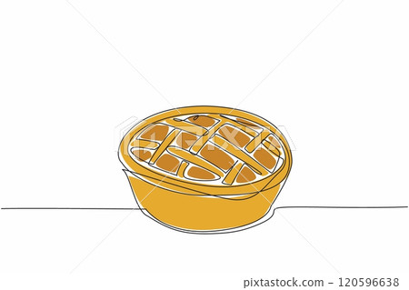 Single one line drawing pie with woven lines. Filled with fruit for freshness in the mouth. Traditional snacks with classic shape. Tasty. National Pie Day. Continuous line design graphic illustration Single one line drawing pie with woven lines. Filled with fruit for freshness in the mouth. Traditional snacks with classic shape. Tasty. National Pie Day. Continuous line design graphic illustration 120596638