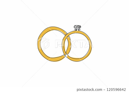 Single continuous line drawing two rings side by side. With diamonds it adds luxury. Couple gift for beloved woman. Love language is giving. National Spouses Day. One line design vector illustration Single continuous line drawing two rings side by side. With diamonds it adds luxury. Couple gift for beloved woman. Love language is giving. National Spouses Day. One line design vector illustration 120596642