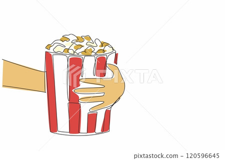 National Popcorn Day. One single line drawing of hand grabbing stripped pop corn paper bucket contain sweet popcorn. Delicious snack to accompany watching movie. Continuous line draw vector graphic 120596645