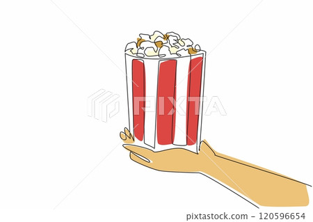 National Popcorn Day. One continuous line drawing of person hand holding stripped paper bucket contain salted popcorn. Food snack to watch a movie concept. Single line draw vector graphic illustration 120596654