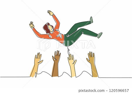 Single continuous line drawing the female worker was lifted and thrown upwards by several hands. Celebrate with joy. Greatest teamwork. National Fun at Work Day. One line design vector illustration Single continuous line drawing the female worker was lifted and thrown upwards by several hands. Celebrate with joy. Greatest teamwork. National Fun at Work Day. One line design vector illustration 120596657