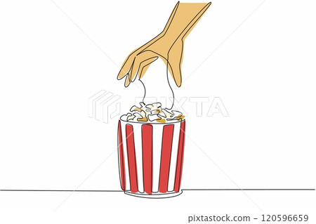 Happy National Popcorn Day. Single continuous line drawing of person hand picking caramel flavor popcorn up from stripped pop corn paper bucket. Food snack concept. One line draw vector illustration Happy National Popcorn Day. Single continuous line drawing of person hand picking caramel flavor popcorn up from stripped pop corn paper bucket. Food snack concept. One line draw vector illustration 120596659
