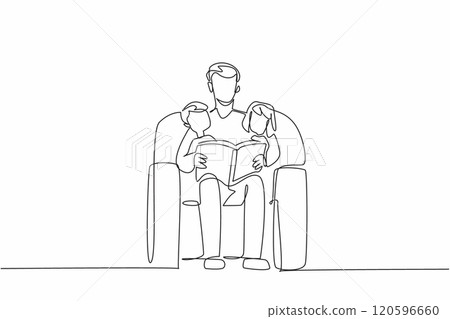 Continuous one line drawing man with two children sitting on sofa reading a book together. A model father. A good hobby to pass on. World Read Aloud Day. Single line draw design vector illustration Continuous one line drawing man with two children sitting on sofa reading a book together. A model father. A good hobby to pass on. World Read Aloud Day. Single line draw design vector illustration 120596660