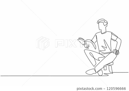 Single one line drawing man sitting on child's chair reading book. Telling an exciting story book. Cultivating interest in reading. World Read Aloud Day. Continuous line design graphic illustration 120596666
