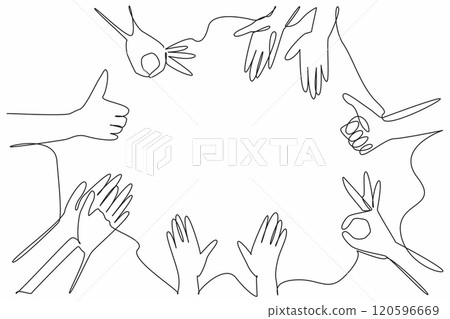 Single one line drawing several hands with several kinds of gestures. Get recognition and praise. Surrounded by positive aura. National Screenwriters Day. Continuous line design graphic illustration 120596669