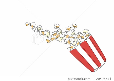 One single line drawing of caramel flavor popcorn fall from stripped paper bucket and scattered flying in the air. National Popcorn Day. Food snack to watch tv together with family. Vector art graphic One single line drawing of caramel flavor popcorn fall from stripped paper bucket and scattered flying in the air. National Popcorn Day. Food snack to watch tv together with family. Vector art graphic 120596671
