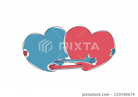 Single continuous line drawing two hearts embrace each other. Interlinked. Trust each other. Give each other comfort. Giving warmth of heart. National Hug Day. One line design vector illustration 120596674