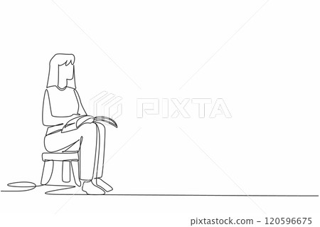 Single one line drawing woman sitting on a child's chair reading a book. Modeling the best way to read. Cultivating good interest. World Read Aloud Day. Continuous line design graphic illustration 120596675
