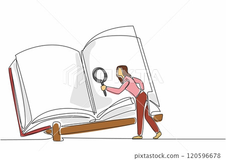 Single continuous line drawing of young curious beauty woman searching important information from big size book with magnifying glass. One line draw vector graphic art. Happy National Thesaurus Day Single continuous line drawing of young curious beauty woman searching important information from big size book with magnifying glass. One line draw vector graphic art. Happy National Thesaurus Day 120596678