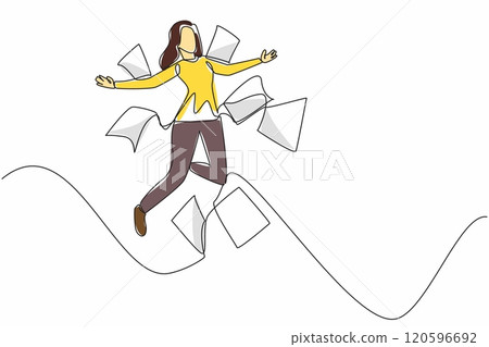 Continuous one line drawing female worker jumps with both arms outstretched. Free. Winning big project scores. Getting awards. National Fun at Work Day. Single line draw design vector illustration 120596692