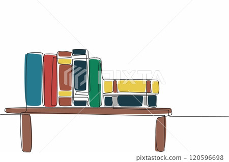 Single one line drawing of lined up and stacked thick text book above bookshelf. Book is a window to the world concept. Happy National Thesaurus Day. Continuous line draw vector illustration artwork 120596698