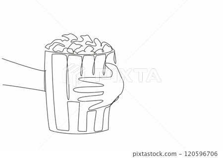 National Popcorn Day. One single line drawing of hand grabbing stripped pop corn paper bucket contain sweet popcorn. Delicious snack to accompany watching movie. Continuous line draw vector graphic National Popcorn Day. One single line drawing of hand grabbing stripped pop corn paper bucket contain sweet popcorn. Delicious snack to accompany watching movie. Continuous line draw vector graphic 120596706