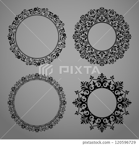 Set of decorative frames Elegant vector element for design in Eastern style, place for text. Floral black and gray borders. Lace illustration for invitations and greeting cards Set of decorative frames Elegant vector element for design in Eastern style, place for text. Floral black and gray borders. Lace illustration for invitations and greeting cards 120596729