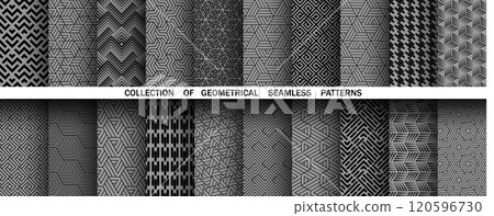 Geometric set of seamless black and gray patterns. Simple vector graphics. 120596730